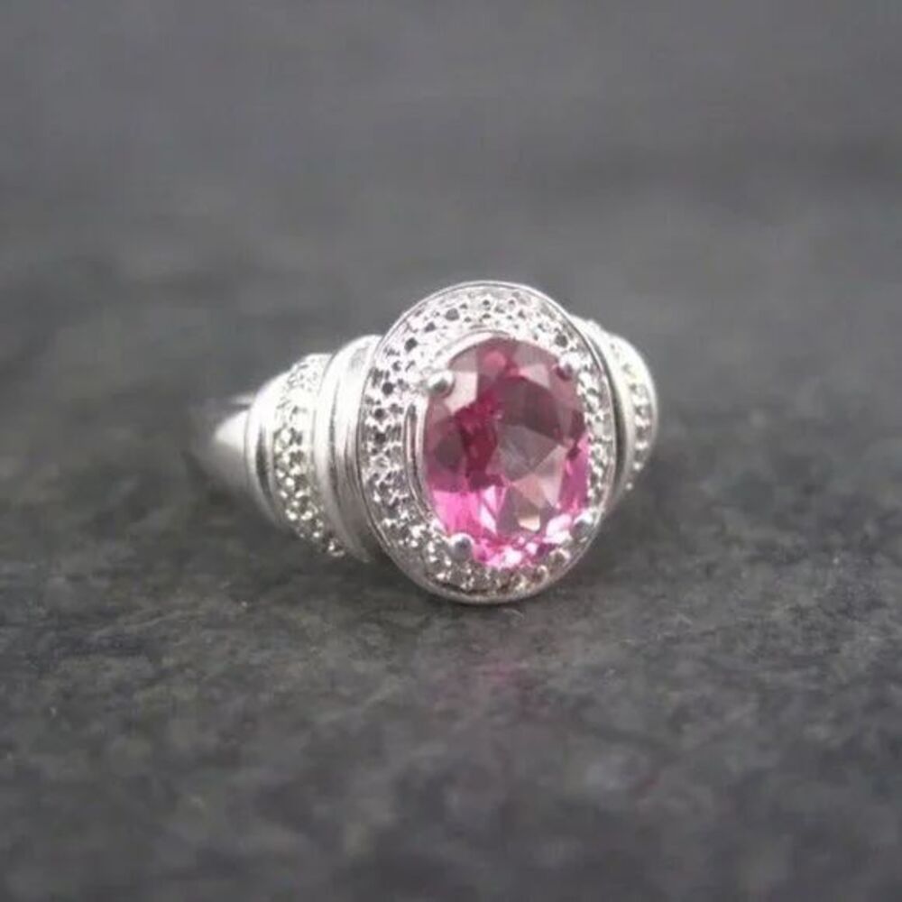 Pink Topaz and Diamond Ring Sterling Silver Size 7